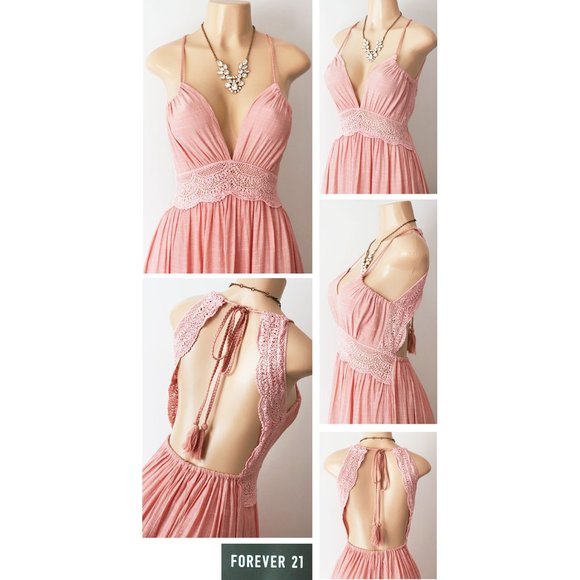 Pink Crochet Lace Open Back Halter Boho Maxi Dress - Picture 3 of 8